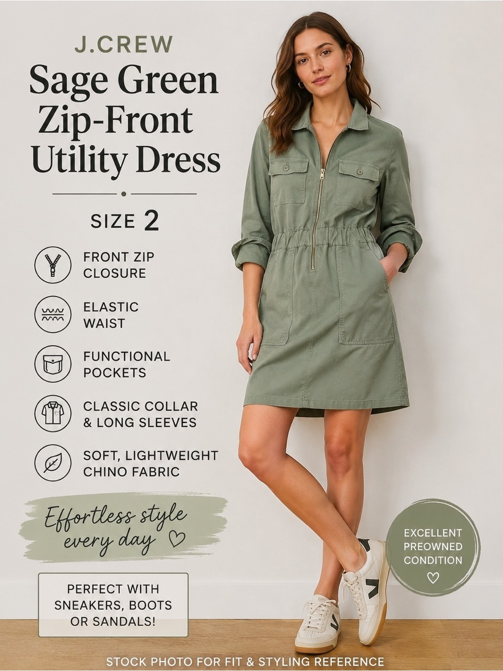 J.Crew Sage Green Zip-Front Utility Dress Size 2